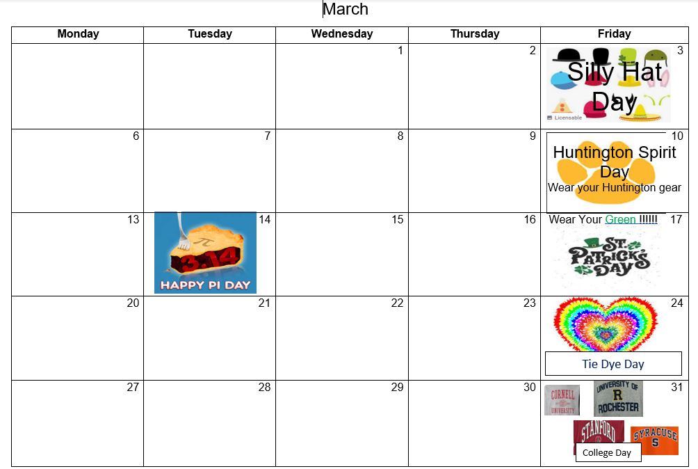 HuntingtonPK-8School (@huntingtonscsd) on Twitter photo Here is the March 2023 calendar for Huntington School's "Spirit Fridays". Students participate on these special days, to show their school spirit and celebrate friendship and community here in school 🥰. Here is the March 2023 calendar for Huntington School's "Spirit Fridays". Students participate on these special days, to show their school spirit and celebrate friendship and community here in school 🥰.