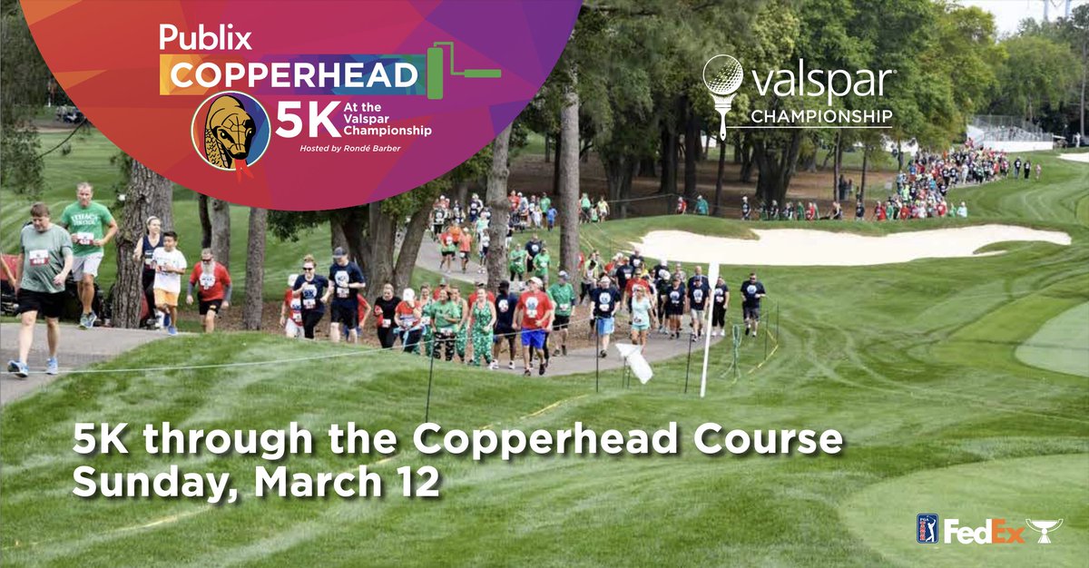 ValsparChamp's tweet photo. This is so exciting! We’re bringing back the Publix Copperhead #5K, where you run or walk through the actual #CopperheadCourse where the #ValsparChampionship is played! There is still time to sign up here: https://t.co/piYCYoyqWu https://t.co/HWSG8bpcij