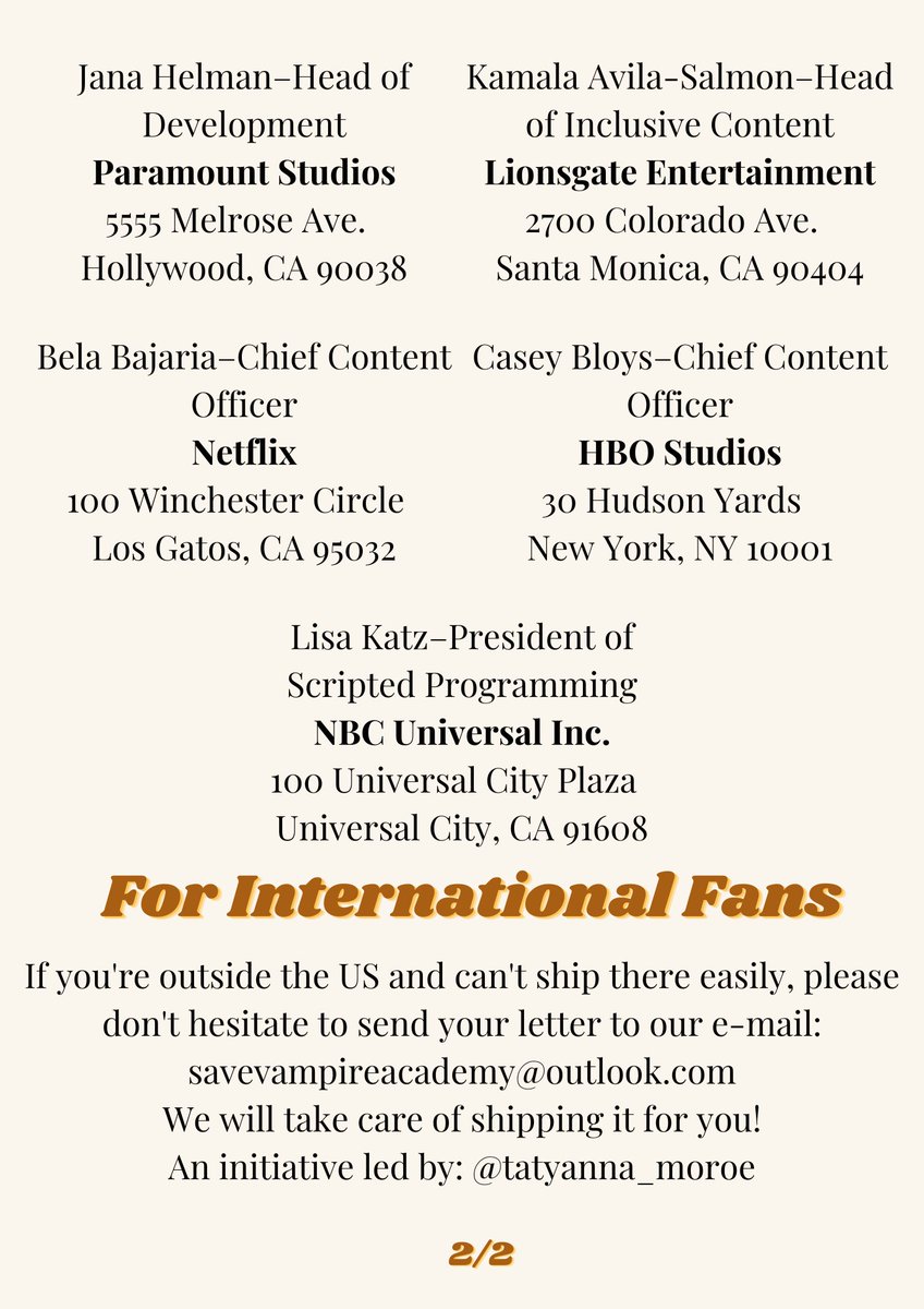 SAVE_VA_'s tweet photo. New Letter writing initiative! Write to streamers to ask them to #SaveVampireAcademy! https://t.co/rSvbIlxmOn