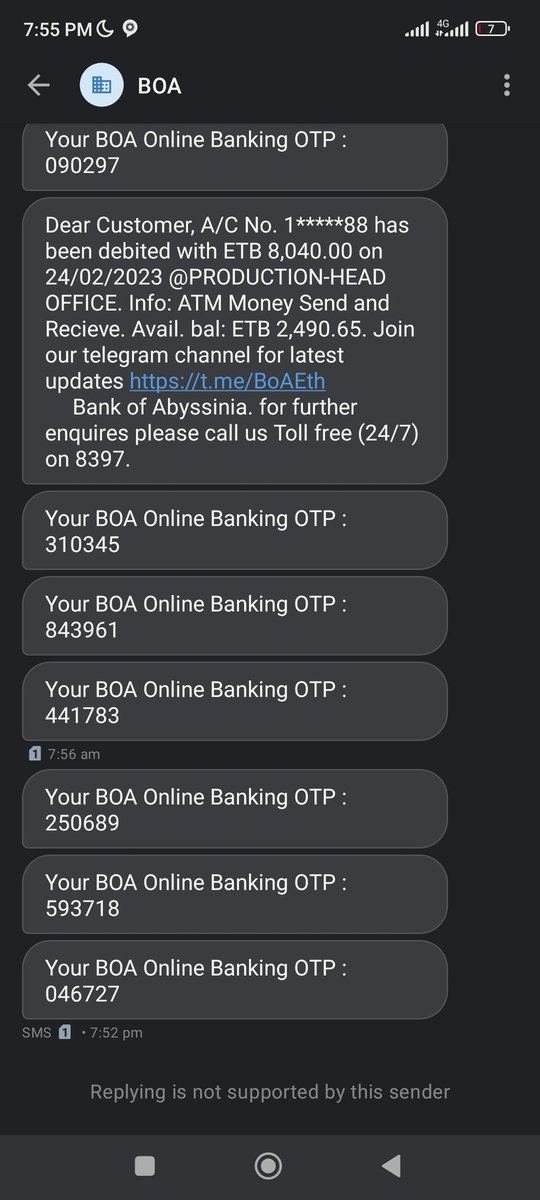 Kalide0912's tweet photo. @AbyssiniaBank what do you call it? On February 24 6:03 am I received 8 OTP and my account debit 47,000Etb and 8040 Etb without my permission and knowledge on the other day, I received 17 OTP 3:15pm - 9:51pm Feb 26 2023. #BankofAbyssinia #The_Choice_For_all  #Abyssiniabank https://t.co/jiISweNSaB