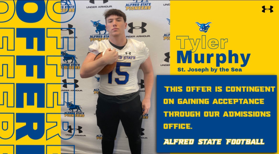 TylerMurphyy15's tweet photo. After a great conversation with @CoachLinnAState i am truly blessed to have recieved an offer from @ALFREDSTATEFB. @CoachGallardy @TressorBaptiste @StJSeaFootball. https://t.co/eJNYWY8Fg3