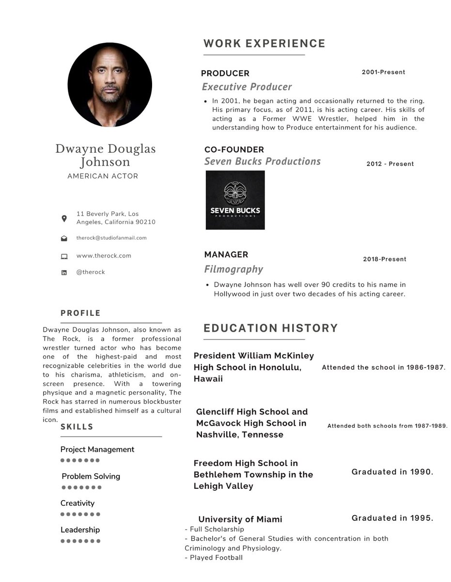 NicholasFerroni's tweet photo. Dear @TheRock, 

If you ever decide to switch careers, no need to make a resume— my student made one for you. https://t.co/kmJaxszAiu