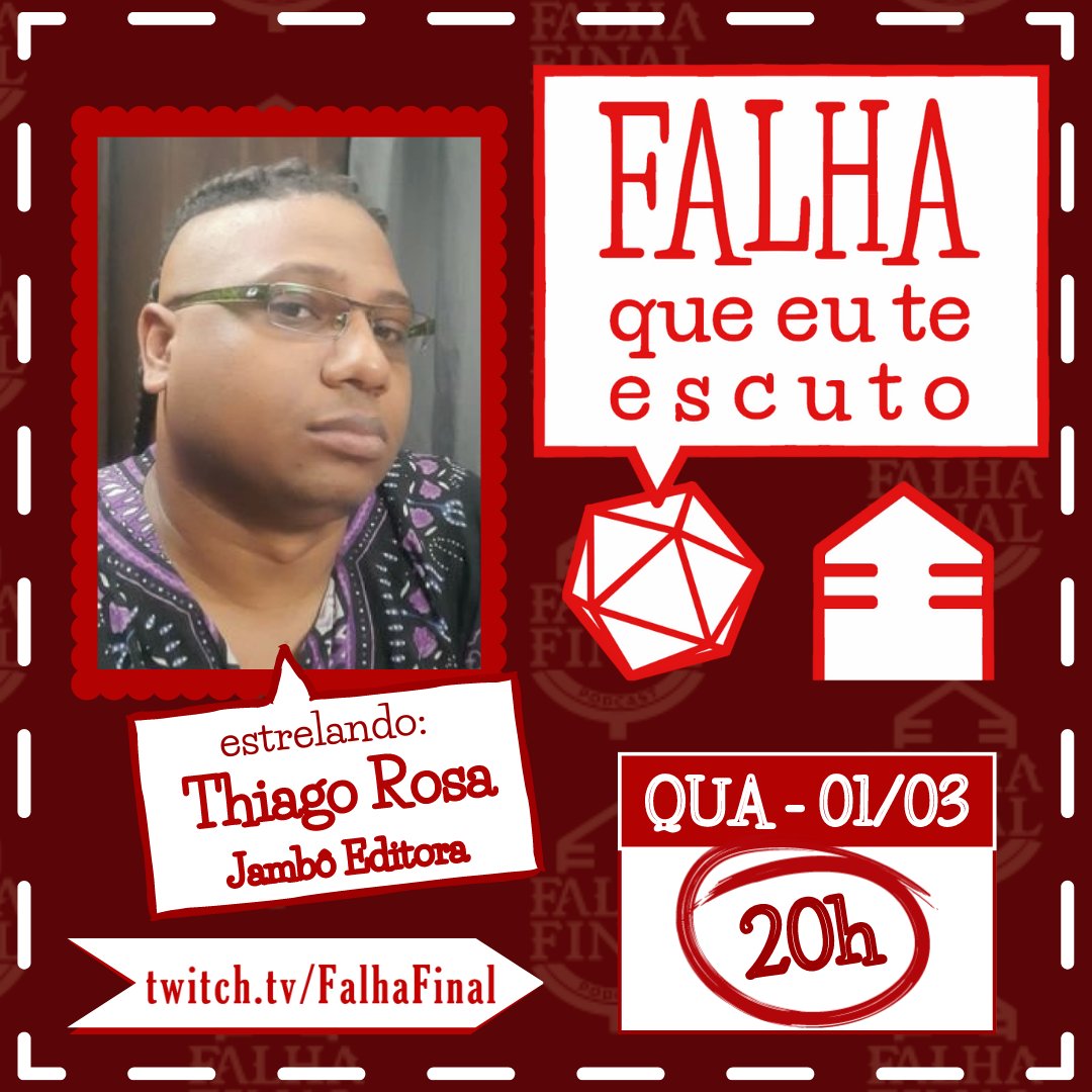 Fim de carnaval, voltamos à programação normal e nesta quarta-feira teremos mais um Falha que eu te escuto com o ilustre convidado <a href="/thiagorosarpg/">Thiago Rosa #Tormenta25Anos ❄️🐉🔥</a> falando sobre seu trabalho no cenário de RPG, às 20:00 twitch.tv/falhafinal! Mandem suas perguntas!

#TTRPG #RPGLatam #jamboeditora