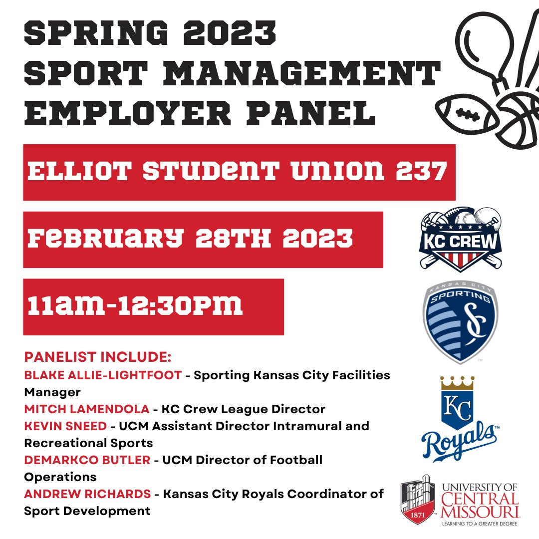 UCMHarmonEdge's tweet photo. Attention Sport Management majors!! TOMORROW February 28th the Sport Management Employer Panel will be held!! Don't miss out on this opportunity to hear from professionals in your desired field!! https://t.co/Y9Xxpi8r89