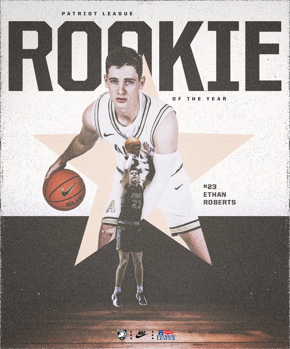 Army Men's Basketball (@armywp_mbb) on Twitter photo 𝙀𝘽𝙊 𝙭 𝙍𝙊𝙏𝙔 🏆
Ethan Roberts has been named <a href="/PatriotLeague/">Patriot League</a> Rookie of the Year! 🇺🇸
The top freshman in the conference, Roberts ranked in the top-11 in
· points per game (12.7)
· three-pointers made (57)
· three-point percentage (.422)
📰 goarmywestpoint.com/news/2023/2/27…
#GoArmy 𝙀𝘽𝙊 𝙭 𝙍𝙊𝙏𝙔 🏆
Ethan Roberts has been named <a href="/PatriotLeague/">Patriot League</a> Rookie of the Year! 🇺🇸
The top freshman in the conference, Roberts ranked in the top-11 in
· points per game (12.7)
· three-pointers made (57)
· three-point percentage (.422)
📰 goarmywestpoint.com/news/2023/2/27…
#GoArmy