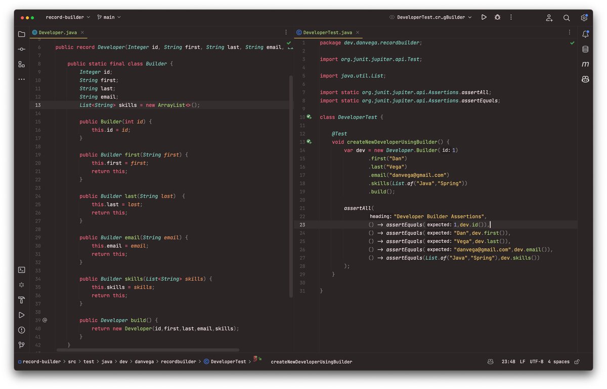therealdanvega's tweet image. Did you know that you can use the Builder Pattern in Java Records? #Java