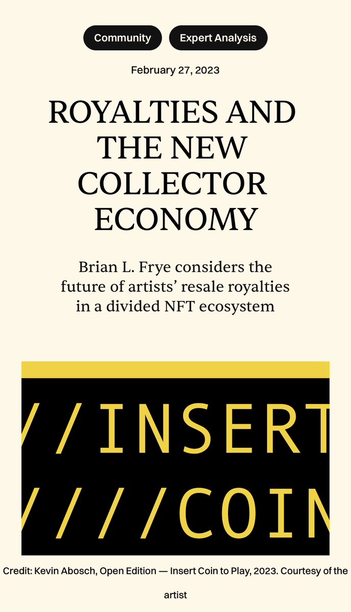 ROYALTIES AND THE NEW COLLECTOR ECONOMY
<a href="/brianlfrye/">Brian L. Frye</a> considers the future of artists’ resale royalties in a divided #NFT ecosystem

Mentions <a href="/opensea/">OpenSea</a> <a href="/rarible/">Rarible</a> <a href="/the_x2y2/">X2Y2</a> <a href="/LooksRare/">LooksRare</a> <a href="/blur_io/">Blur</a> #Takis #HansHaacke #AdrianPiper

👉 rightclicksave.com/article/royalt…