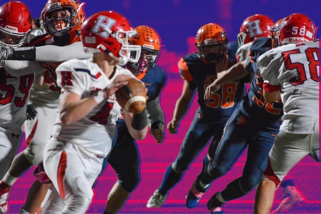 atticafootball's tweet photo. #SundaySnapshot of Attica's defense closing in on Hornell's QB in the Blue Devil's 28-14 win in 2022!! #AtticaFootball #RaspberryFilter #SundaySwag https://t.co/8XsYHNkRxx