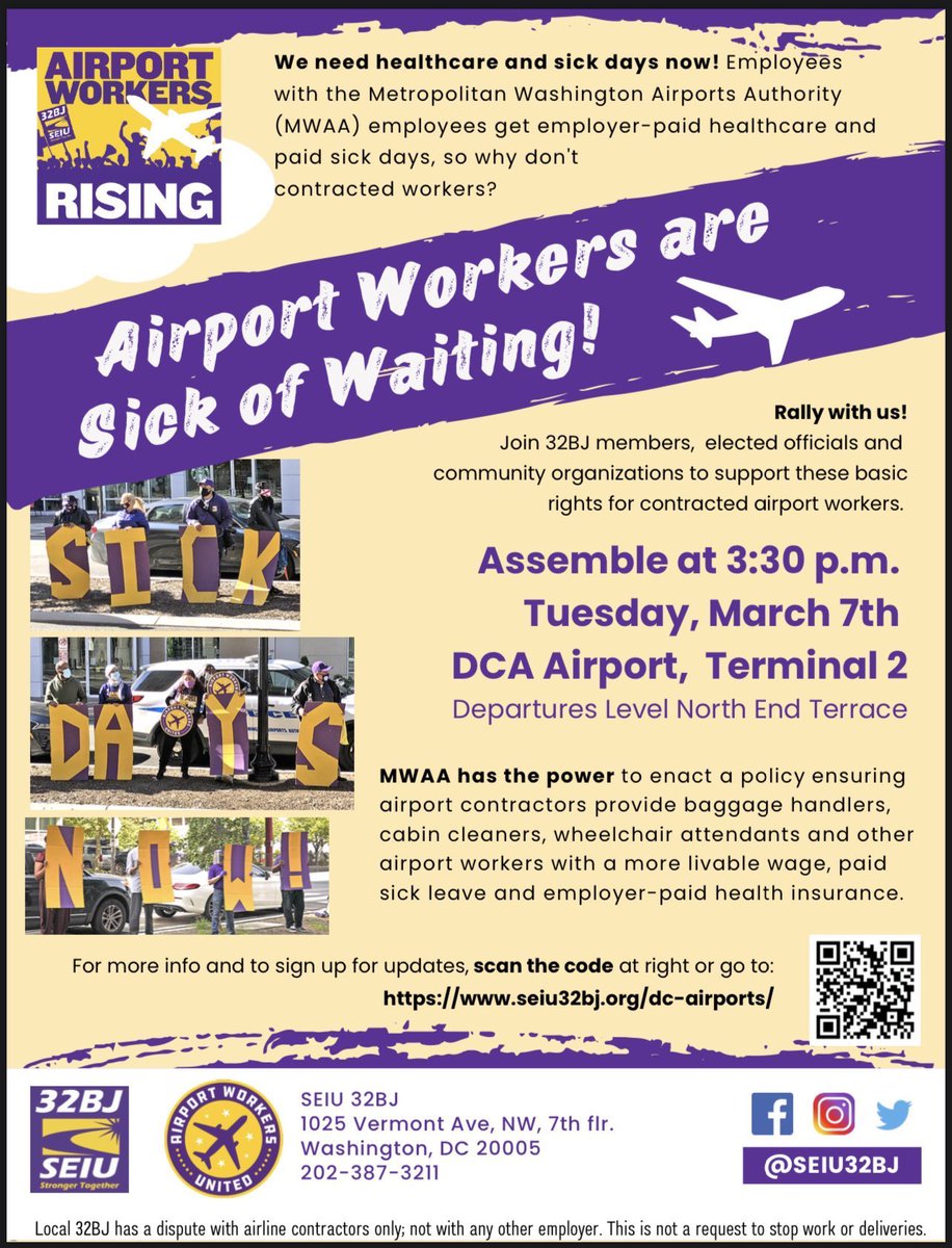SUPPORT AIRPORT WORKERS! 

Come out and rally with airport workers as they fight for affordable healthcare and paid sick days! 
Tuesday, March 7th! #VirginiaIsForUnions 
#GoodAirports