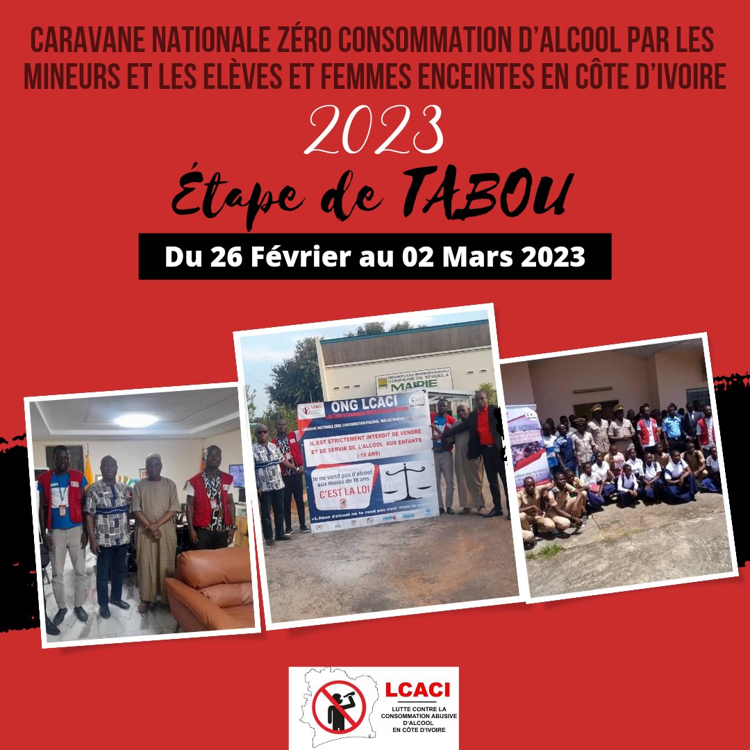 OngLcaci's tweet photo. Le Top départ de la Caravane Nationale Zéro Consommation d'Alcool par les Mineurs, les Élèves et les Femmes Enceintes en Côte d'Ivoire 2023 est donné 😌.
Et c'est la ville de Tabou qui accueillera cette première étape du Dimanche 26 Février au Jeudi 02 Mars 2023. Restez connectés https://t.co/ForXmrHje4