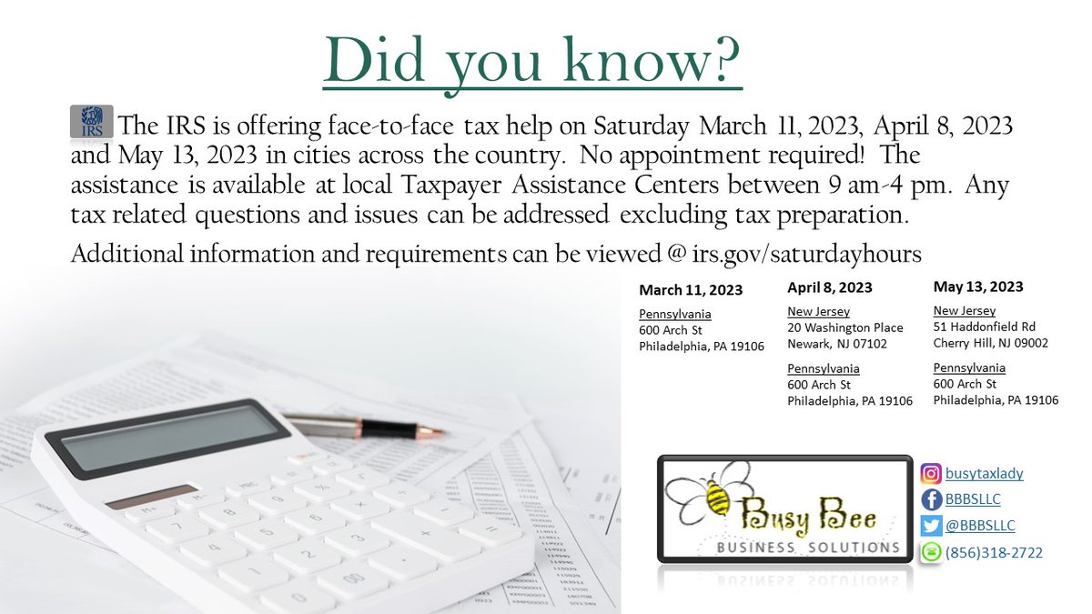 BBBSLLC's tweet photo. Need help from the IRS and can't get them on the phone?  Go see them in person with tax questions and concerns.
#TaxSeason https://t.co/iqrgzAuukk