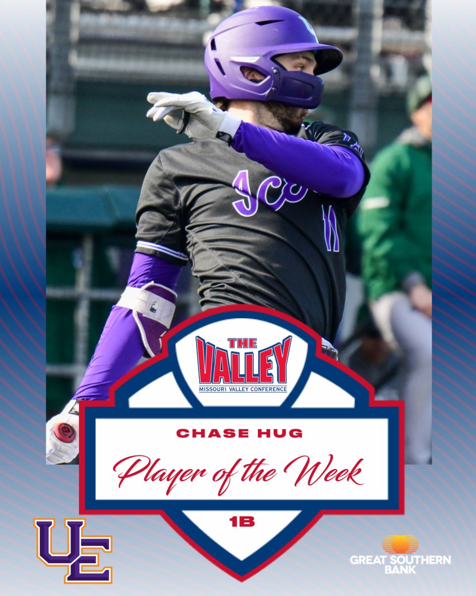 MVCsports's tweet image. Player of the Week ⫸ Chase Hug, @UEAthleticsBASE

▪️ Hug finished the week slashing .667/1.083/.778 with one HR, two doubles  &amp;amp; four RBI
▪️ Hit 6-for-8 in the final two games (both wins) vs. Eastern Michigan

Great Southern Bank | #TheValleyRunsDeep