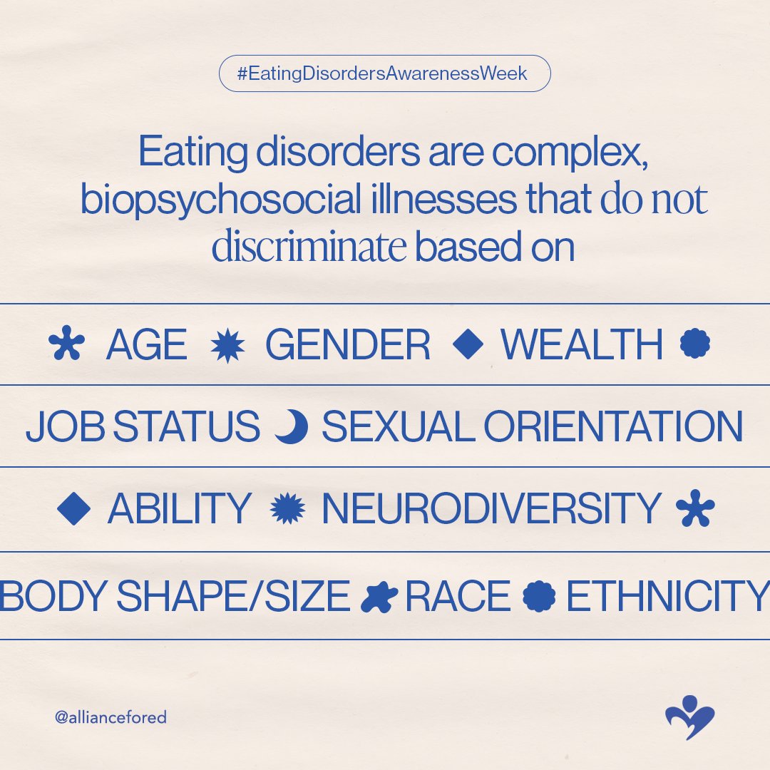 Today begins #EatingDisordersAwarenessWeek! 💙

If you or a loved one struggles with an eating disorder, you are not alone.

Learn more from our partners at @AllianceforED_. ⬇️