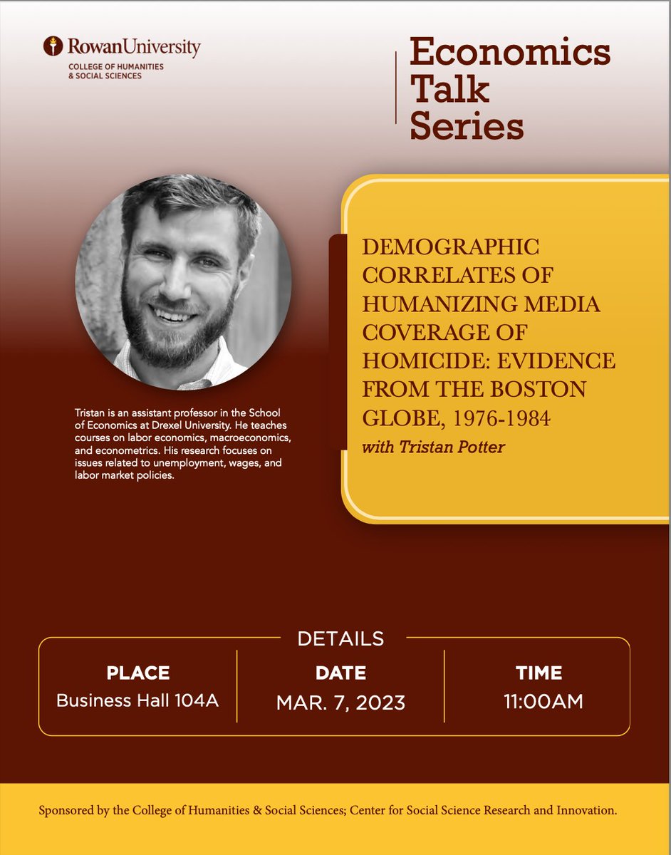 Join us in our Economics Talk Series Tuesday, 3/7 at 11 a.m. in Business Hall 104A with Tristan Potter.
