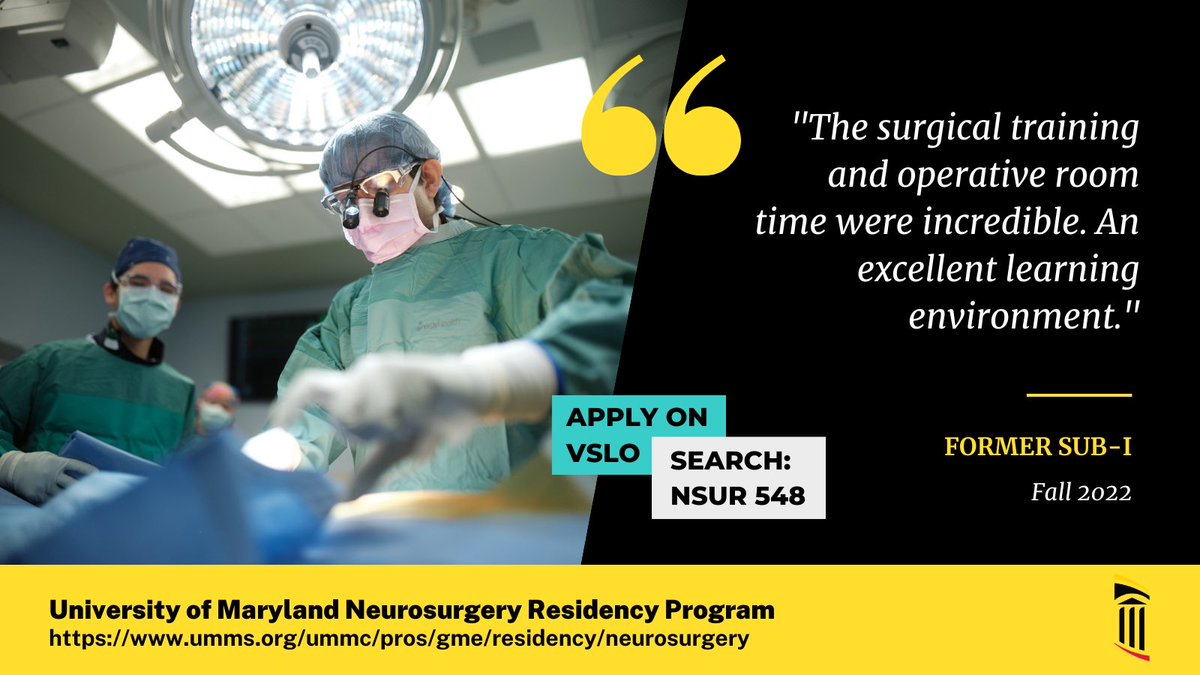 Maryland Neurosurgery (@umdneurosurgery) on Twitter photo We invite students keen on learning/doing neurosurgery to join us for a sub-internship! Be part of our busy services at <a href="/UMMC/">University of Maryland Medical Center</a> & <a href="/shocktrauma/">Shock Trauma</a>, and enjoy mentorship from residents and faculty who want to teach. Apply for our sub-internship here: tinyurl.com/UMDSUBI #match2024 We invite students keen on learning/doing neurosurgery to join us for a sub-internship! Be part of our busy services at <a href="/UMMC/">University of Maryland Medical Center</a> & <a href="/shocktrauma/">Shock Trauma</a>, and enjoy mentorship from residents and faculty who want to teach. Apply for our sub-internship here: tinyurl.com/UMDSUBI #match2024