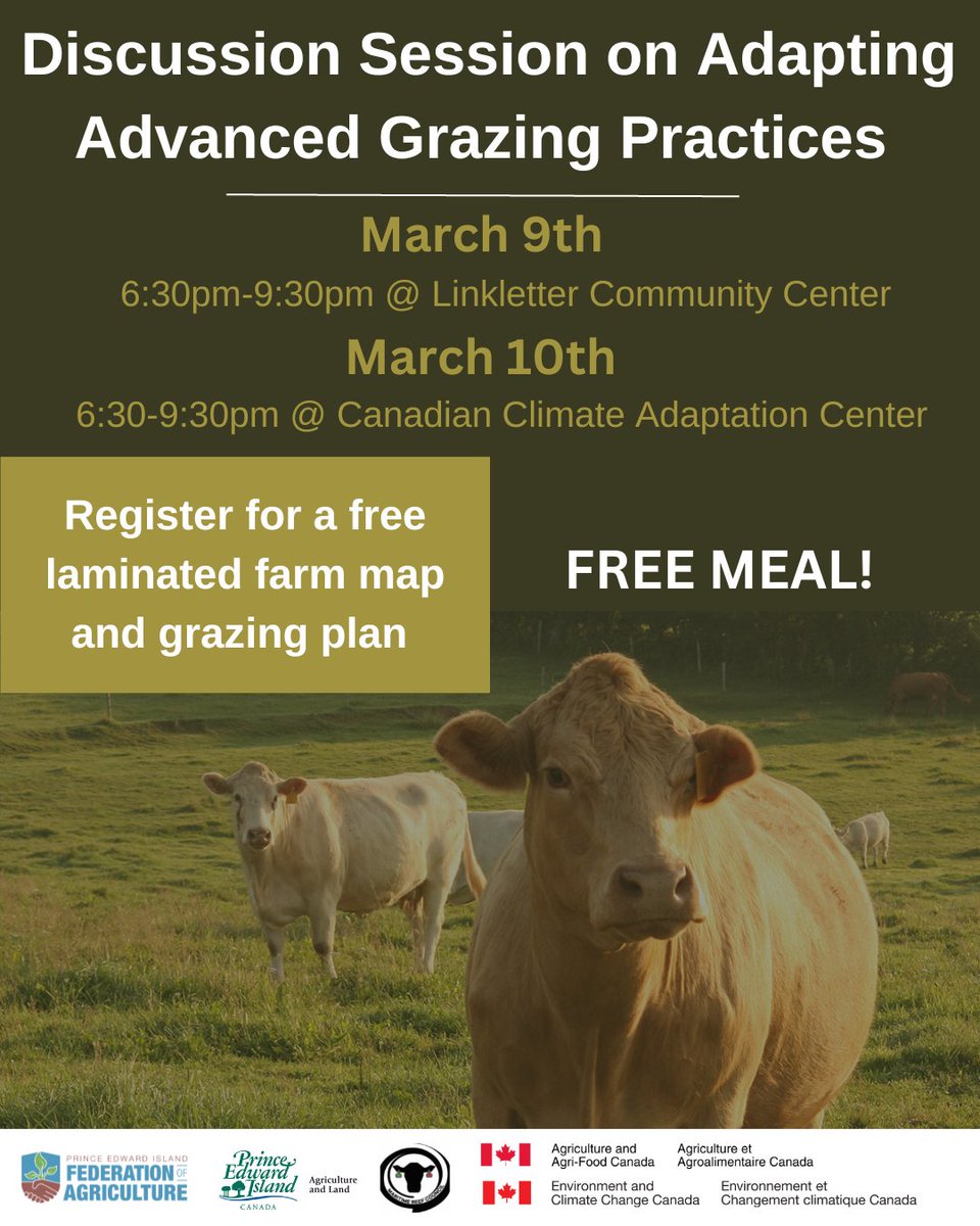 peifa_ca's tweet image. Join the PEIFA and @AgInfoPEI March 9th or 10th for a session on implementing rotational grazing practices. Start thinking about how you could adopt this beneficial management practice on your farm. 

Register: docs.google.com/forms/d/e/1FAI… #PEIAg
