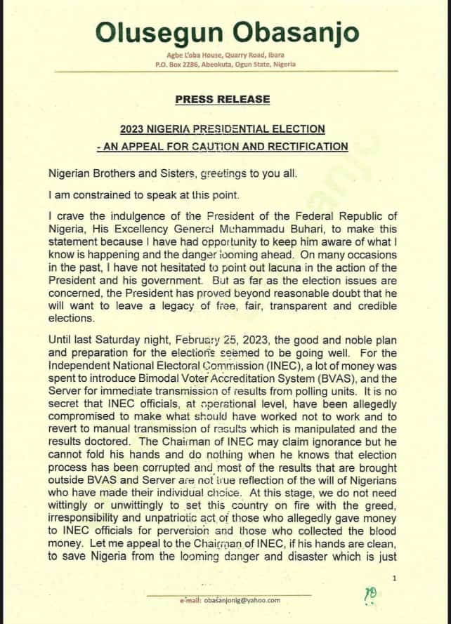 DocOmeiza's tweet photo. Former President Olusegun Obasanjo sounds warning to @inecnigeria chairman...
🔥🔥🔥🔥🔥🔥🔥🔥🔥🔥
#INECStopTheCount 
#INECStopTheRigging https://t.co/QSkPqkn4yk