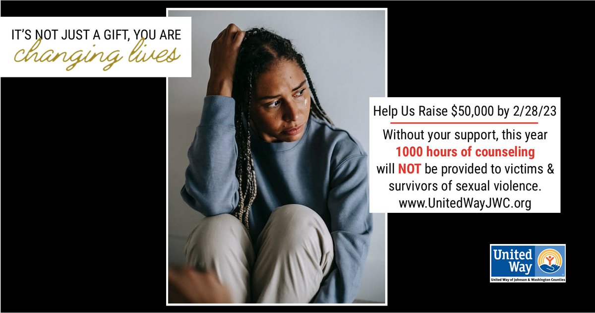 uwayjwc's tweet image. IT&apos;S NOT JUST A GIFT, YOU ARE CHANGING LIVES!
We need your help to raise $50,000 by 2/28/2023. Without your support this year 1,000 hours of #counseling will NOT be provided to survivors of sexual violence. Every Gift Matters: unitedwayjwc.org/civicrm/contri… #survivor #Impact #give
