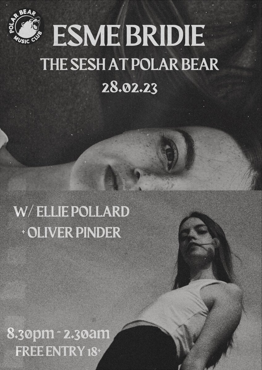 The Sesh (@theseshhull) on Twitter photo Making her Sesh debut! Esme Bridie has had extensive radio plays on BBC Introducing + Amazing Radio! We're super excited to have her headlining at <a href="/PolarBearRoars/">Polar Bear Music Club</a> tonight!
FREE ENTRY / 18+
LINEUP (28.02.23)
10:40PM <a href="/EsmeBridie/">Esme Bridie</a>
9:50PM Ellie Pollard
9:00PM @sadpopboy
#Hull Making her Sesh debut! Esme Bridie has had extensive radio plays on BBC Introducing + Amazing Radio! We're super excited to have her headlining at <a href="/PolarBearRoars/">Polar Bear Music Club</a> tonight!
FREE ENTRY / 18+
LINEUP (28.02.23)
10:40PM <a href="/EsmeBridie/">Esme Bridie</a>
9:50PM Ellie Pollard
9:00PM @sadpopboy
#Hull
