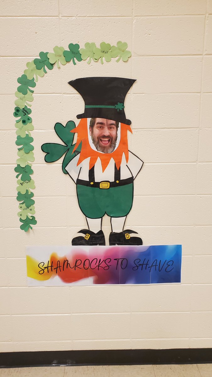 Indian Trail started their Shamrocks to Shave fundraiser today.  For every dollar #ScoutsTrailblazers bring in they can add a shamrock to our Leprechaun's rainbow.  All donations go to support <a href="/StBaldricks/">St. Baldrick's Foundation</a> through <a href="/Julias_Legacy/">JuliasLegacy</a>.
