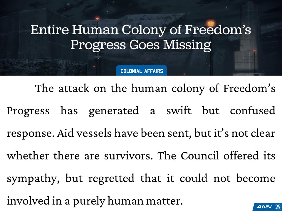 ANN_Updates's tweet image. Entire human colony of Freedom's Progress goes missing. #MassEffect