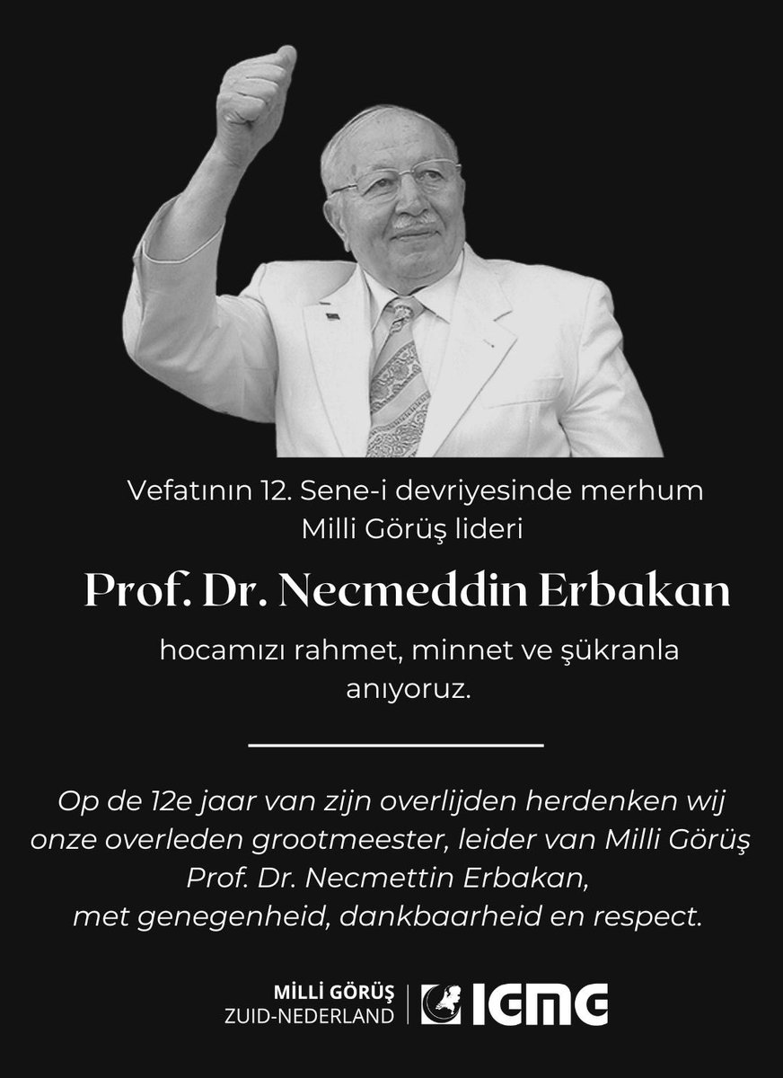 nifonline's tweet photo. Milli Görüş davamızın lideri merhum Hocamız Prof. Dr. Necmeddin Erbakan’ı hasretle anıyoruz.
#Erbakan #Basbakan #Lider #12yil https://t.co/KclAIw1IIf