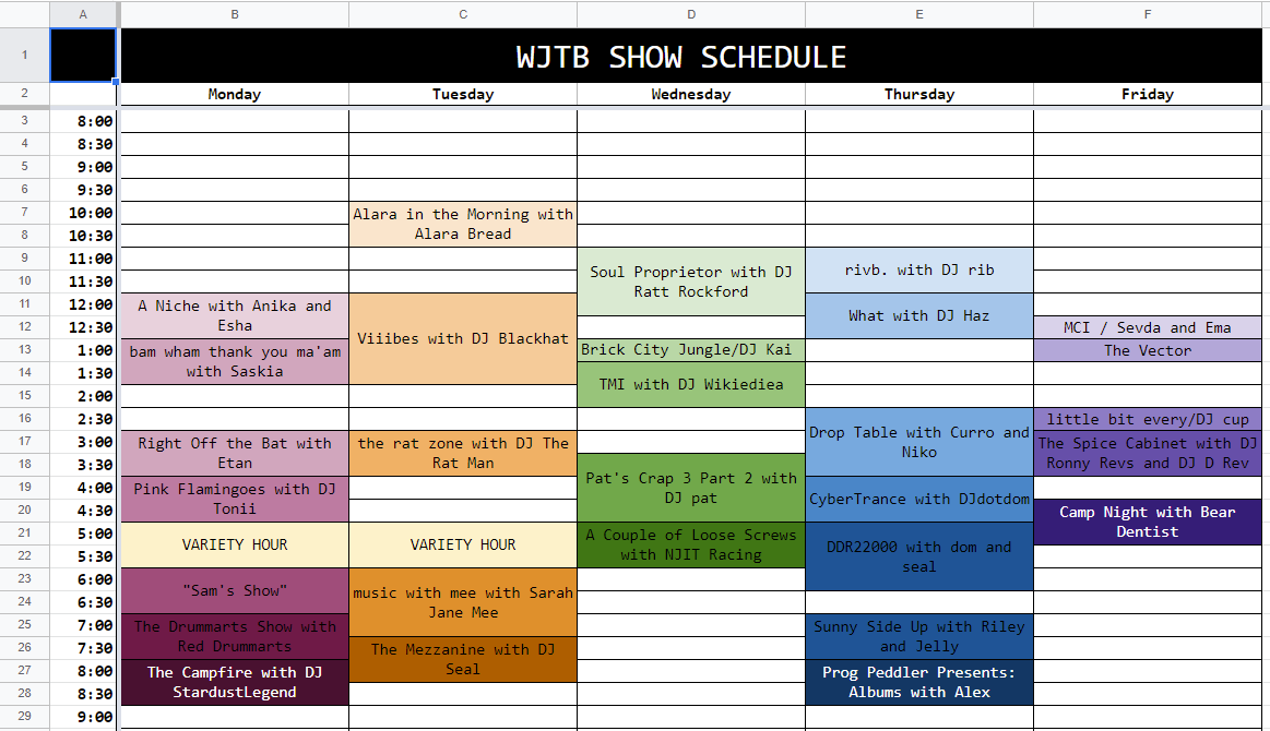 WJTB's tweet photo. Check out our show schedule this semester!! we have EVEN MORE SHOWS SOMEHOW 
Synopses to follow in the future!! in the meantime enjoy the roulette feeling of tuning into a show randomly https://t.co/TUq3kpkA70