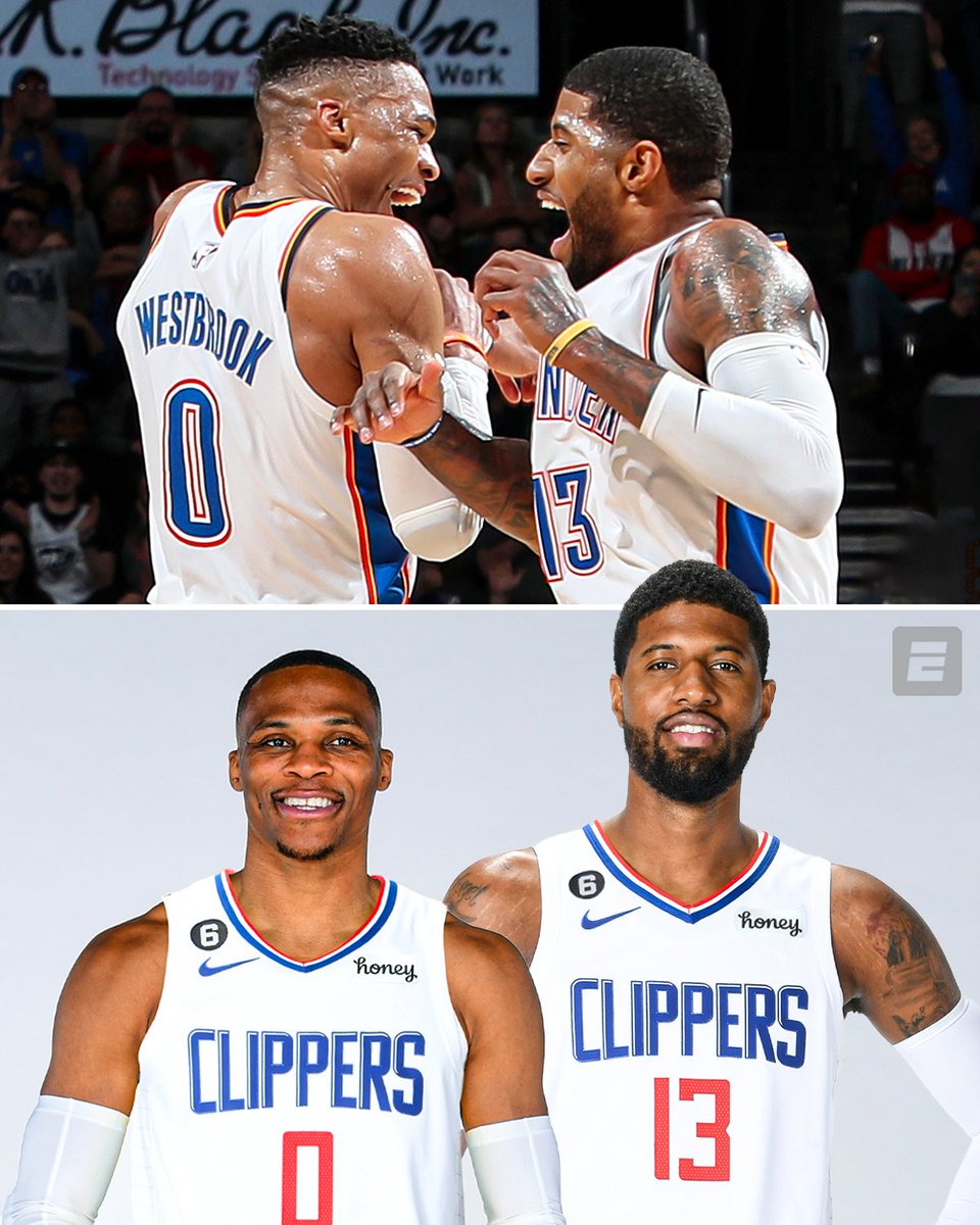 ESPNNBA's tweet photo. Russ and PG reunited ❤️ 💙 

(via @wojespn) https://t.co/B6UH1YtpwK