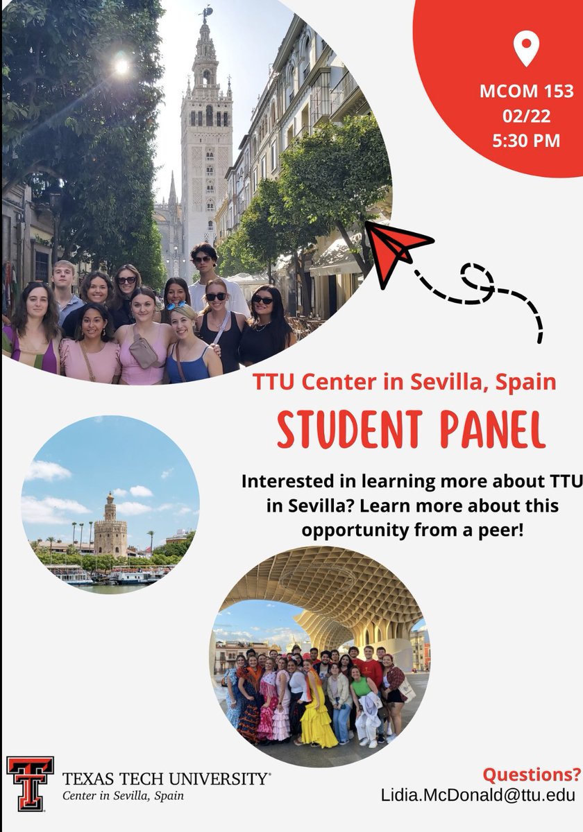Is your student wondering what it’s like to study abroad at the TTU Center in Sevilla? Encourage your student to attend a session on Wednesday at 5:30pm to hear from a peer. Your student will learn more about life in Spain from TTU students who have already been.