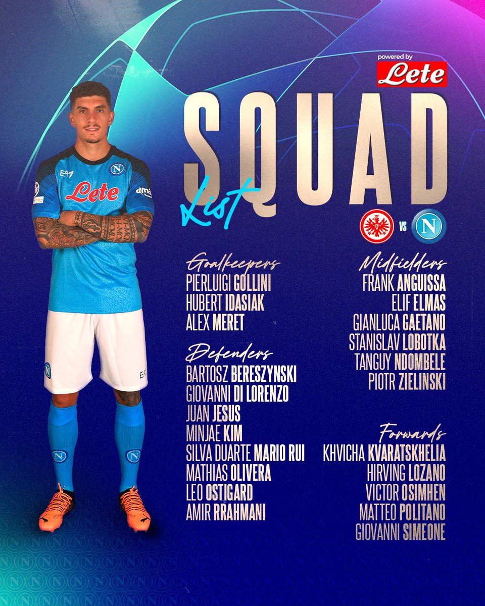 🔵 Convocatoria del Napoli para jugar en Champions vs Eintracht. ❌ La única baja es Giacomo Raspadori, lesionado.