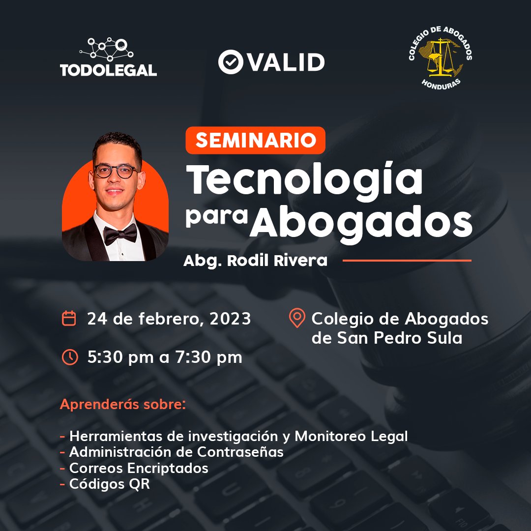 TodoLegal1's tweet photo. El Colegio de Abogados de SPS y TodoLegal, te invita este 24 de febrero, a las 5:30pm, al seminario gratuito: “Tecnología para Abogados”. El seminario será impartido por el Abogado Rodil Rivera.

📅 24 de febrero
⏱️5:30pm a 8:00pm 
🏢Colegio de Abogados SPS https://t.co/KJbbIs4gZC