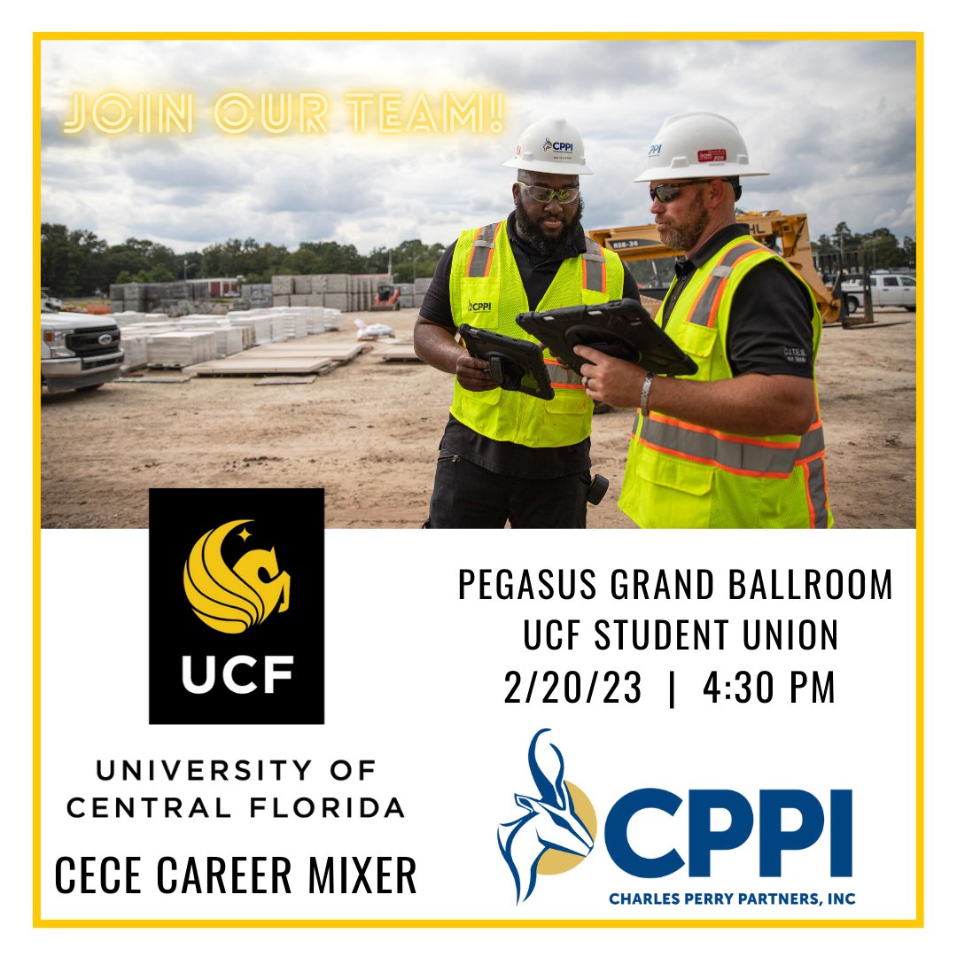 Knights! Come by and see us at the @UCF Civil, Environmental, And Construction Engineering Career Mixer in the Student Union today from 4:30-7:30 p.m. We're excited to talk about career opportunities with you! #CPPIBuilds @ucfcece