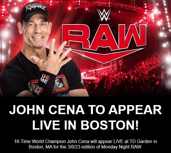 John Cena back in two weeks at Monday Night Raw Boston.