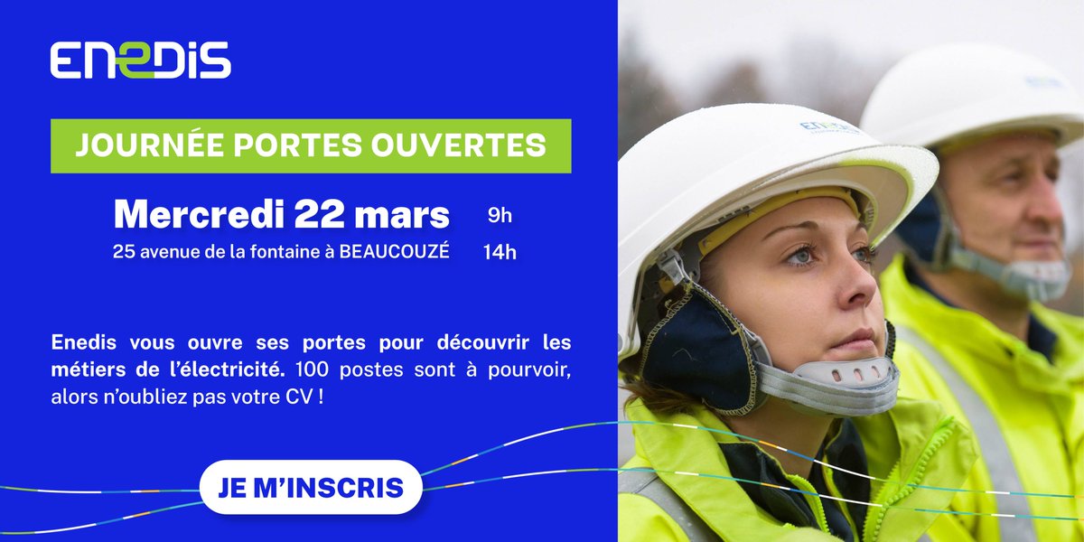 enedis_pdl's tweet photo. Prêts à rejoindre la #TeamFranceÉlectrique ?⚡️
@Enedis en Pays de la Loire recrute et vous ouvre ses portes le 2⃣2⃣ mars prochain à #Beaucouzé pour découvrir nos métiers : plus de 1⃣6⃣0⃣ postes sont à pourvoir en #CDI et #alternance ! Inscription sur : https://t.co/m4ODjgsXcF https://t.co/P0tZvPyzRJ