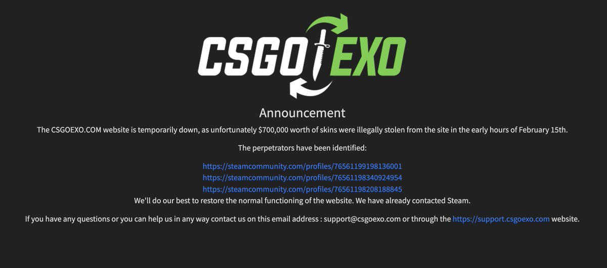 CSGOEXO just got hacked for 700 K$ in skins, beware of buying skins from these accounts.
steamcommunity.com/profiles/76561…
steamcommunity.com/profiles/76561…
steamcommunity.com/profiles/76561…