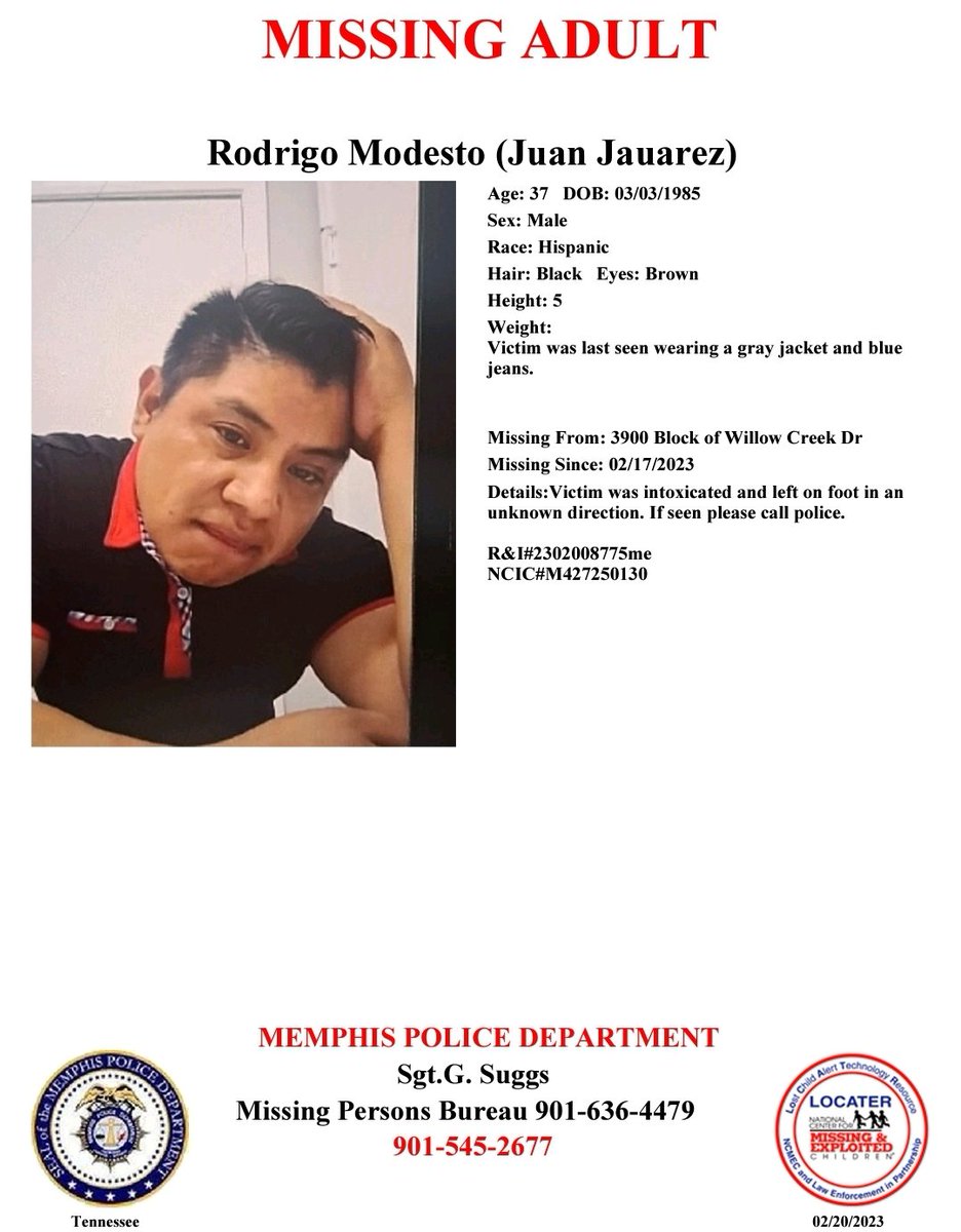Have you seenRodrigo Modesto (Juan Jauarez)?
Report #2302008775ME