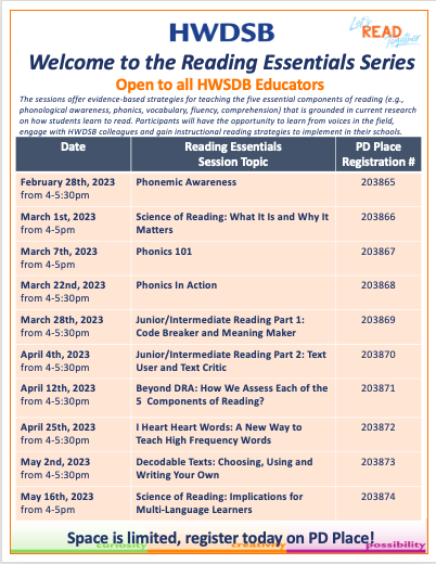 Please join us for HWDSB's Reading Essentials Series! Register via PD Place. @RSHWDSB @HWDSBLearning