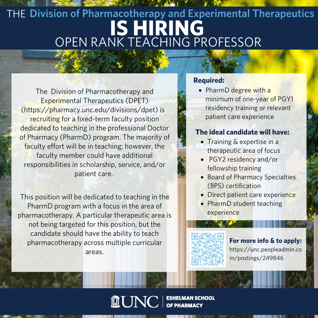 DPET is hiring an open-rank teaching professor to teach in the PharmD program with a focus in the area of #pharmacotherapy. See below for more information.