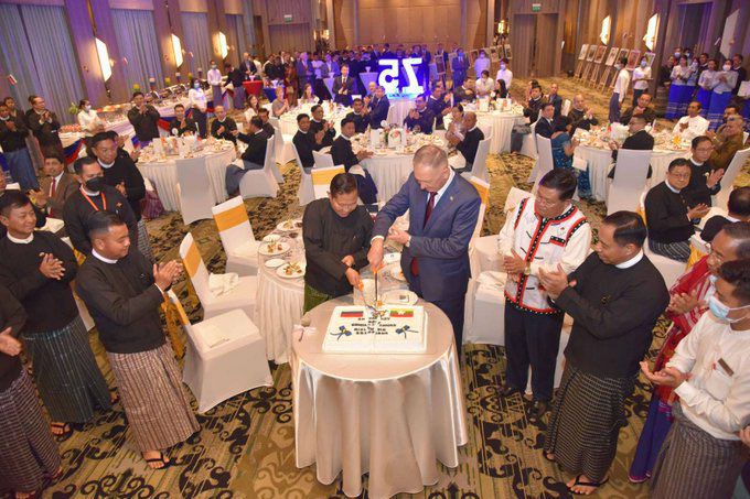 Honeyhoney78942's tweet photo. The Myanmar junta hosted a reception at the Hilton Hotel in Naypyitaw on Feb. 18 to mark the 75th anniversary of diplomatic relations with its close ally Russia. The regime values Russia’s support for it internationally, said its deputy chief Soe Win. #WhatsHappeningInMyanmar https://t.co/YlP16RtyNF