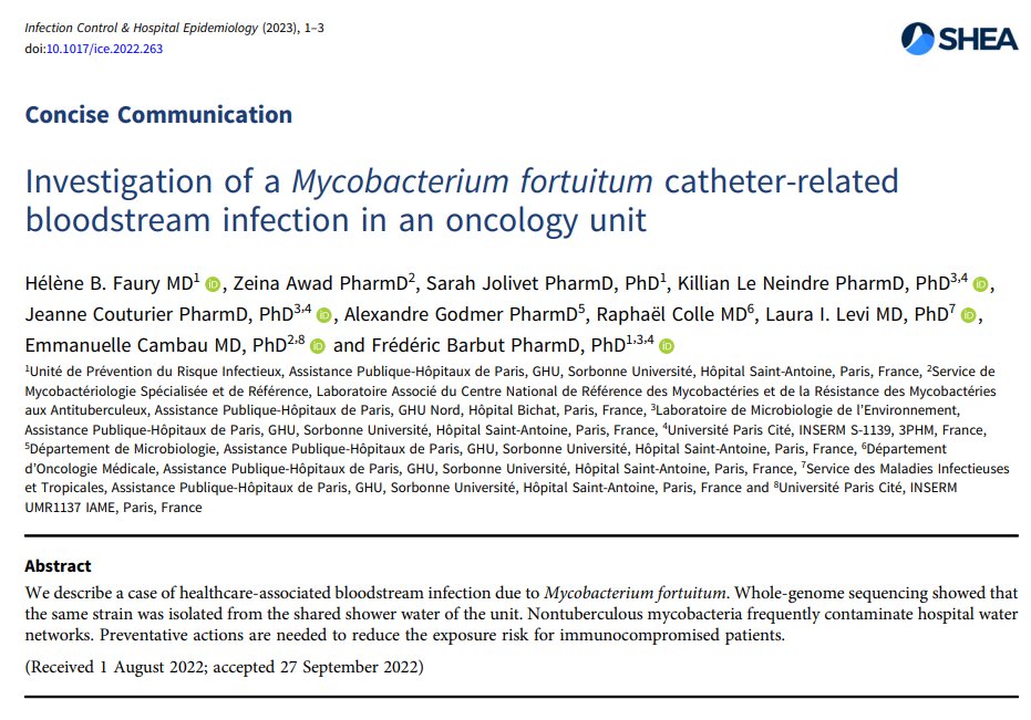 New today in <a href="/ICHEJournal/">Infection Control & Hospital Epidemiology</a>:

➡️ Authors report a case of healthcare-related bloodstream infection due to Mycobacterium fortuitum. 

Whole genome sequencing showed that the same strain was isolated from the shared shower water of the unit 🚿

📄: doi.org/10.1017/ice.20…