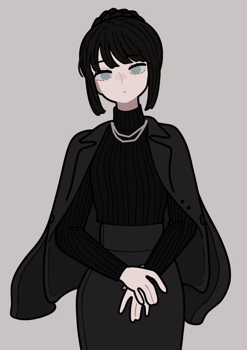 1girl solo black hair skirt sweater simple background grey background  illustration images