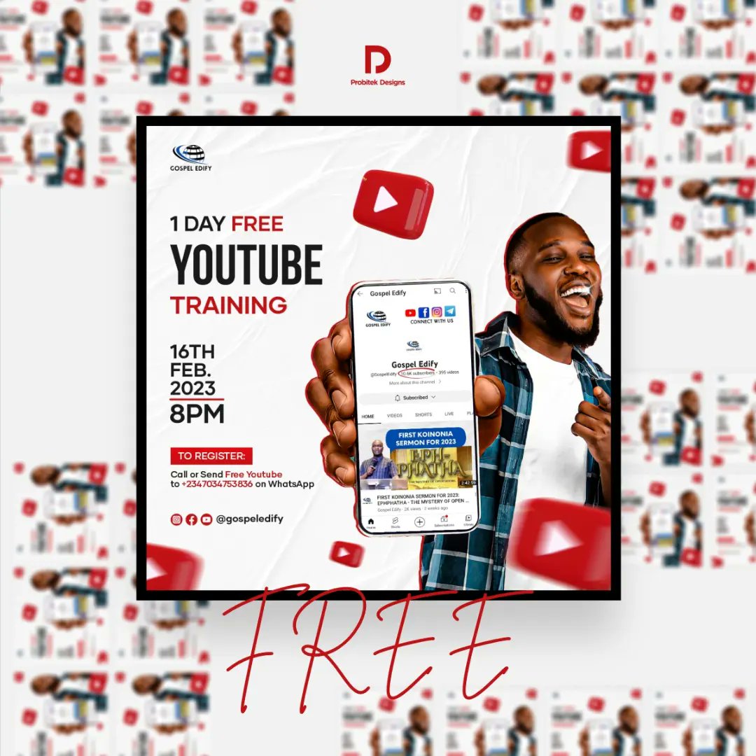realibdouglas's tweet image. Recently made some YouTube Masterclass designs for Gospel Edify😁

A Brand known for promoting the Gospel shared from Anointed Men of God to impact lives through their YouTube Channel👌🏼

Premium Class starts in 6th March so grab it while you still can🏃🏽‍♂️🏃🏽‍♂️

#youtubemasterclass