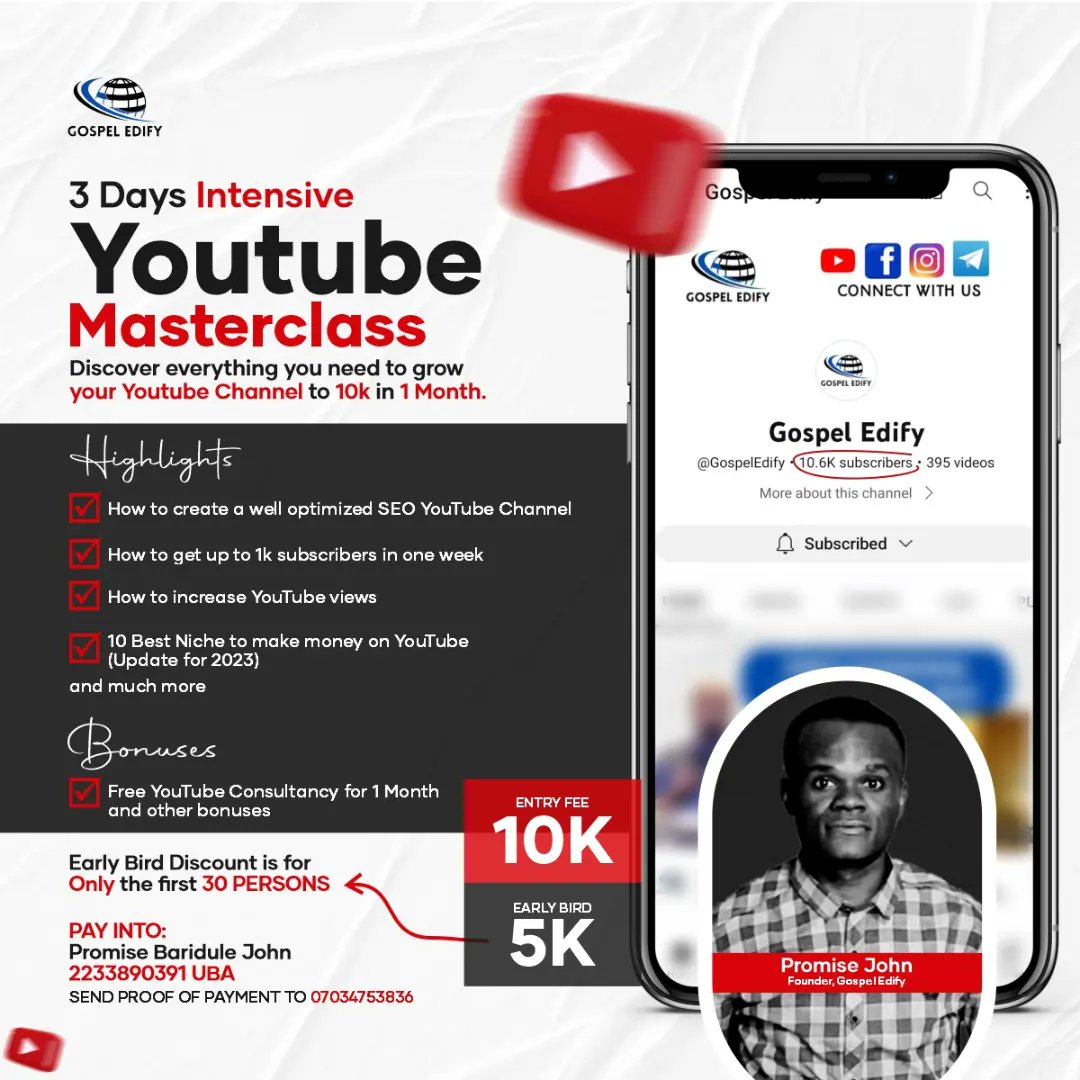 realibdouglas's tweet image. Recently made some YouTube Masterclass designs for Gospel Edify😁

A Brand known for promoting the Gospel shared from Anointed Men of God to impact lives through their YouTube Channel👌🏼

Premium Class starts in 6th March so grab it while you still can🏃🏽‍♂️🏃🏽‍♂️

#youtubemasterclass
