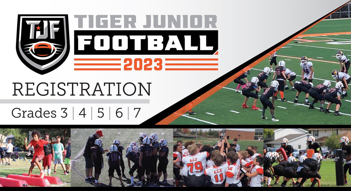 TigerJrFootball's tweet photo. Registration for the TJF 2023 fall season is now open! 

3rd &amp; 4th grade (Juniors), 5th, 6th and 7th grade tackle football divisions available. Register online at https://t.co/rrdFviHqnX

Go Tigers! 🏈 https://t.co/GjHnRK3vnh