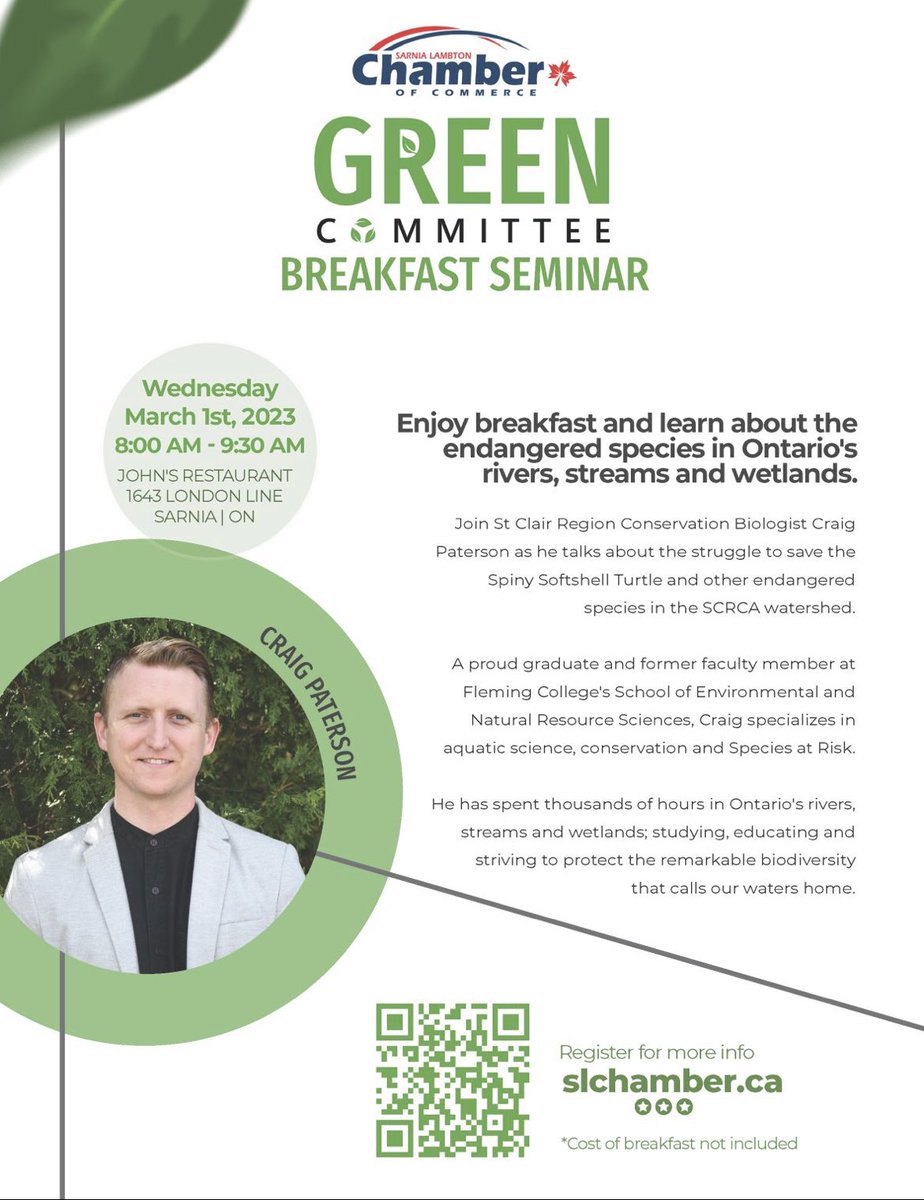 Come learn about the endangered species in Ont. rivers, streams and wetlands at our Green Committees Breakfast Seminar!
Join @SCRCA_water Biologist Craig Paterson as he talks about the struggle to save the Spiny Softshell Turtle and other endangered species in the SCRCA watershed