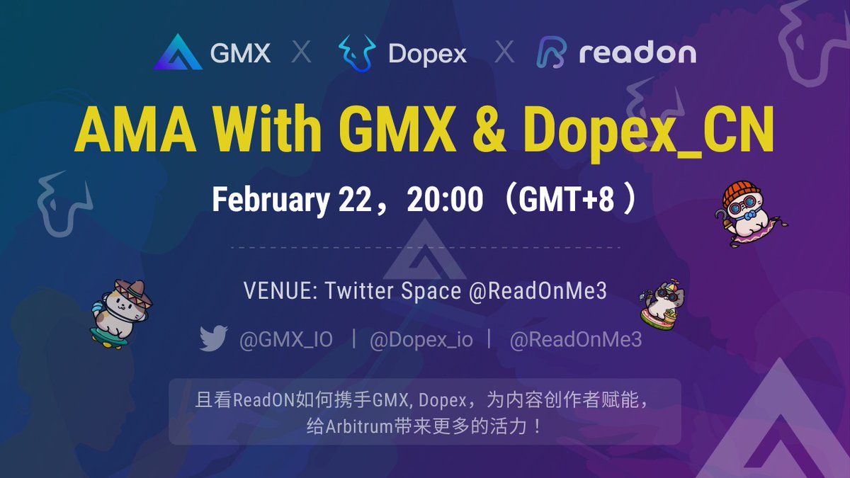 🚀 Join us with <a href="/GMX_IO/">GMX 🫐</a> &amp; <a href="/dopex_io/">Stryke (Formerly Dopex)</a> for our second #Arbitrum Conversations AMA 💙🧡

🎁 #ReadON OG x 3 &amp; WL x 20 #Giveaway 

To Win:
➜ Join the AMA
➜ Claim #OAT here: reurl.cc/Rv6QvG
➜ Complete the task: reurl.cc/a1571Q

Set a reminder👇
x.com/i/spaces/1jMJg…