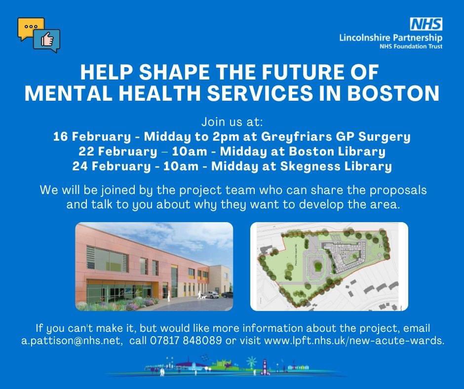 Later this week @nhslincs will be in #Skegness if you'd like to join them at the Skegness Library to find out more about plans for their new #mentalhealth hub in #Boston. 

If you are free, please pop along 👍 You can find out more: bit.ly/3jczO7R