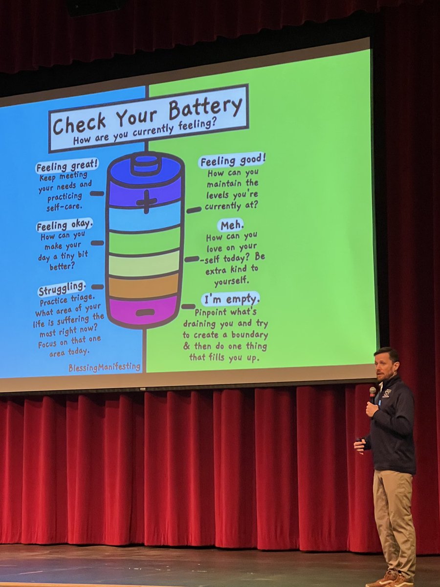 Teachers, we can’t effectively teach the kids without ensuring that our batteries are well charged! #selfcheck ⁦@andymilne⁩ ⁦@SHAPE_America⁩ ⁦@NDSHAPE⁩ ⁦@JimmieKnight⁩ #ndshape2023