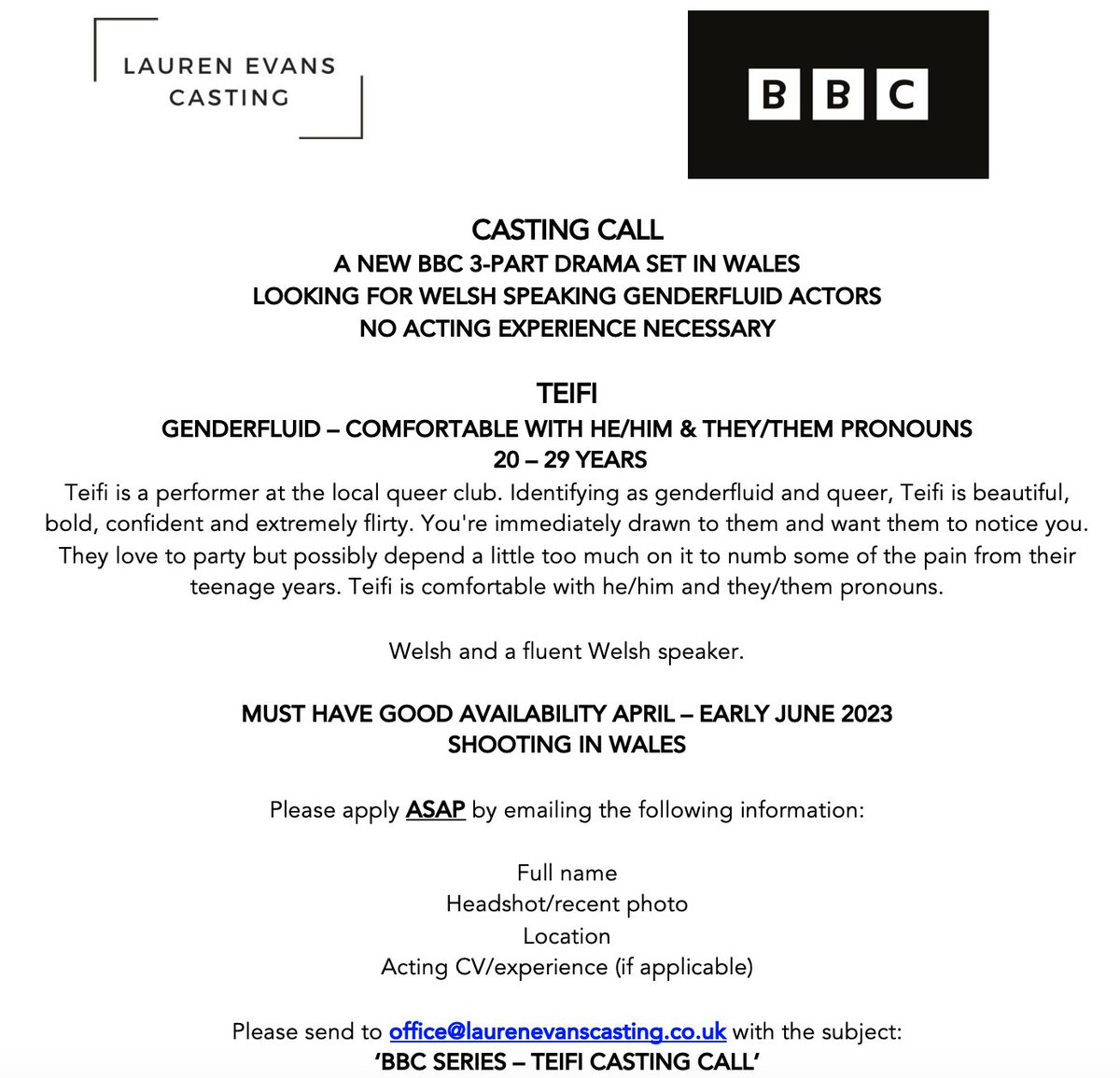 CASTING CALL 👇👇👇
Looking for Welsh speaking genderfluid actors aged 20-29.
BBC PROJECT
Please share far and wide - thank you! 🏴󠁧󠁢󠁷󠁬󠁳󠁿