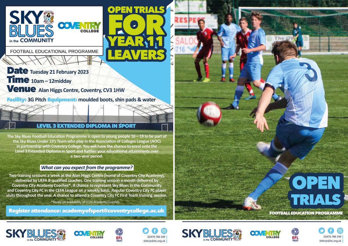 Coventry College Football Education Programme Open Trials ⚽️ at the high performance Alan Higgs Centre 

🗓️ 21st February 2023
📍 The Alan Higgs Centre
⏰ 10-12pm 
📧 Register 👇

academyofsport@coventrycollege.ac.uk
